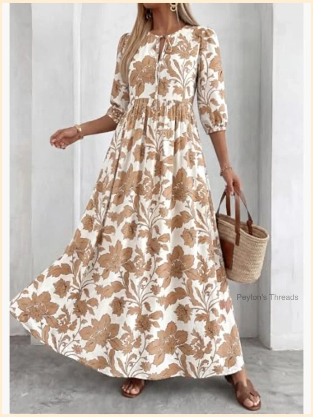 Boho Floral 3/4 Sleeve Flowy Maxi Dress with Pockets - Picture 2 of 7
